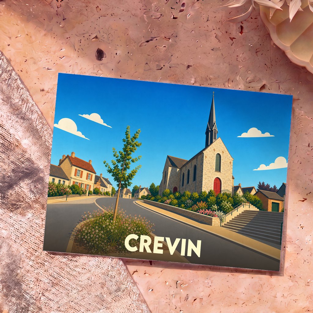 Carte postale souvenir de la ville de Crevin avec une illustration stylisée de son église et de ses rues.