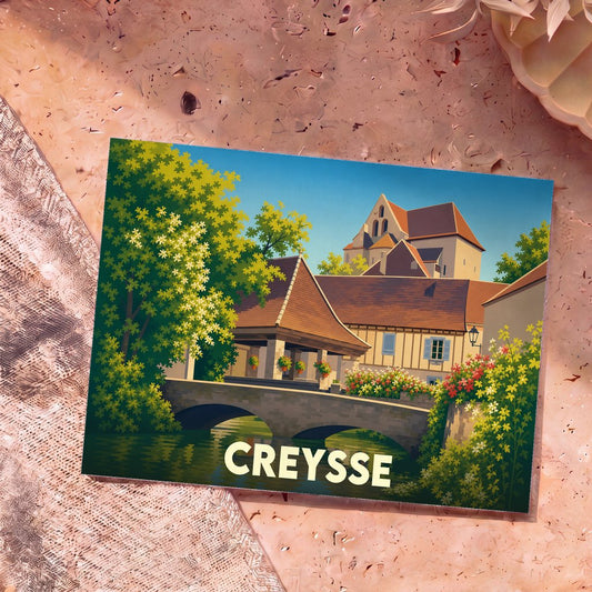 Carte postale souvenir de la ville de Creysse avec une illustration stylisée d'un pont et de maisons médiévales au bord de l'eau.