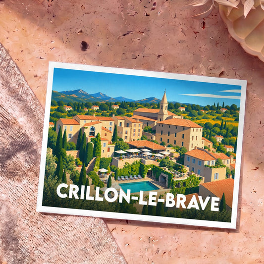 Carte postale souvenir de la ville de Crillon-le-Brave avec une illustration stylisée.
