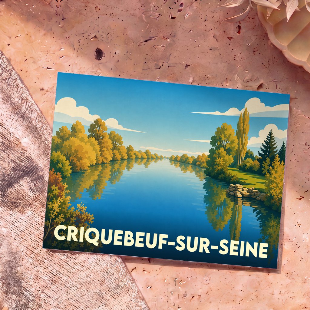 Carte postale souvenir de la ville de Criquebeuf-sur-Seine avec une illustration stylisée des bords de l'eau.