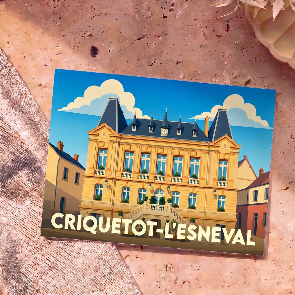 Carte postale souvenir de la ville de Criquetot-l'Esneval avec une illustration stylisée de sa mairie.