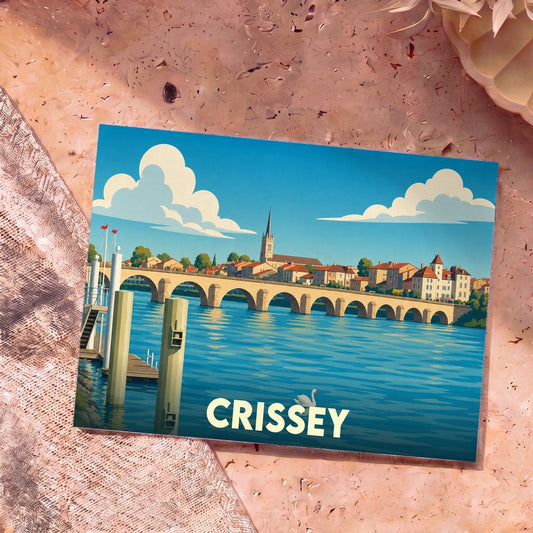Carte postale souvenir de la ville de Crissey avec une illustration stylisée représentant son pont de pierre et son église en bord de rivière.