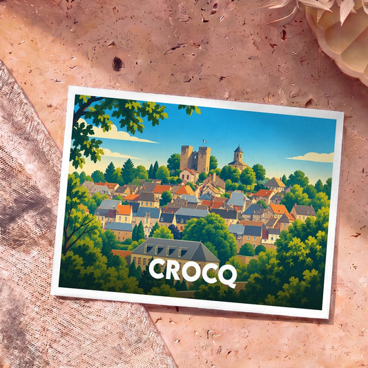 Carte postale souvenir de la ville de Crocq avec une illustration stylisée.