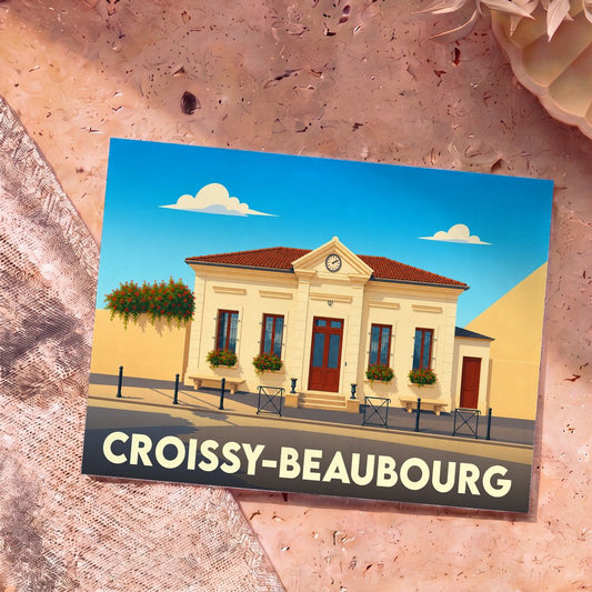Carte postale souvenir de la ville de Croissy-Beaubourg illustrant sa mairie dans un style graphique épuré.