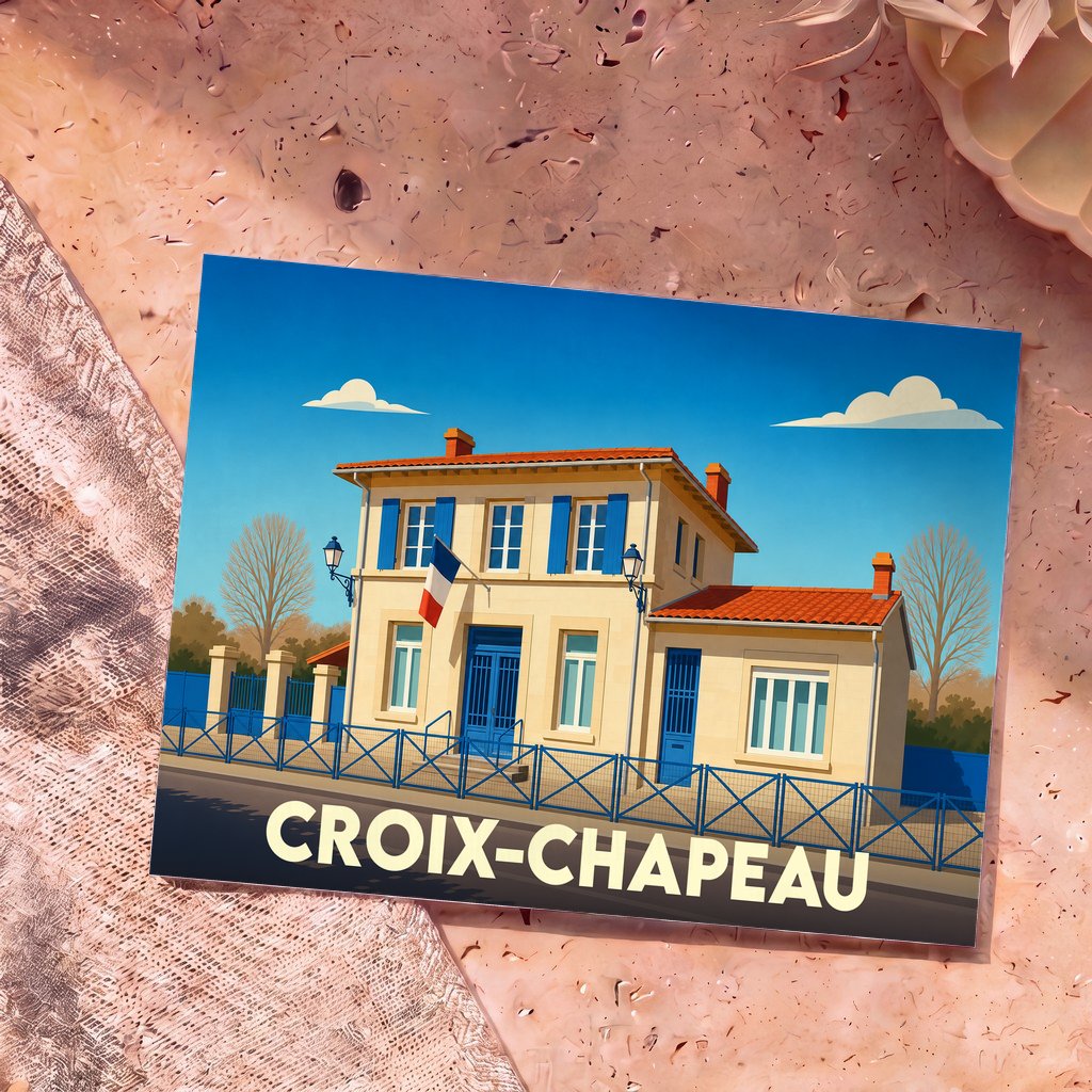 Carte postale souvenir de la ville de Croix-Chapeau avec une illustration stylisée de sa mairie.