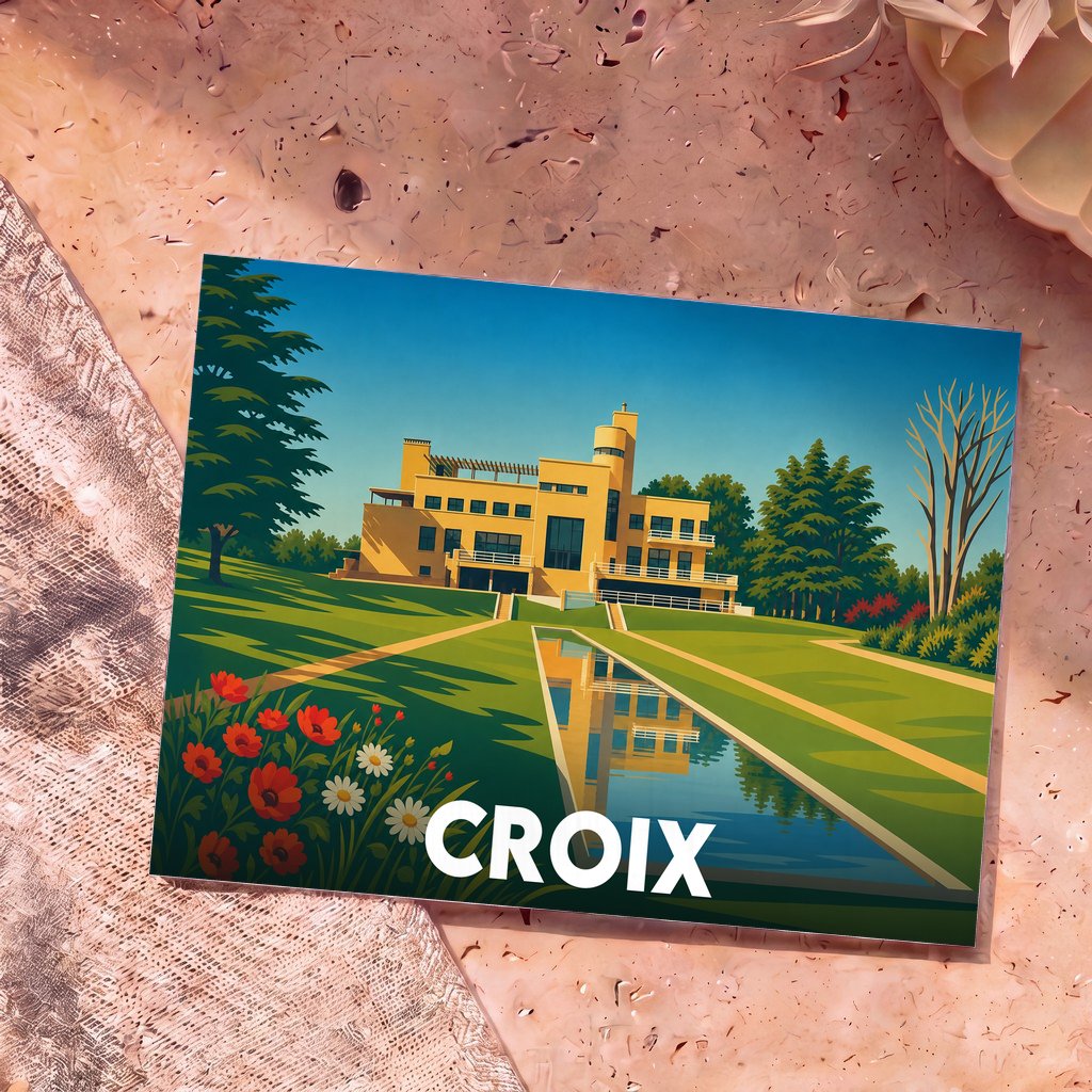 Carte postale souvenir de la ville de Croix illustrant la Villa Cavrois dans un style graphique épuré.