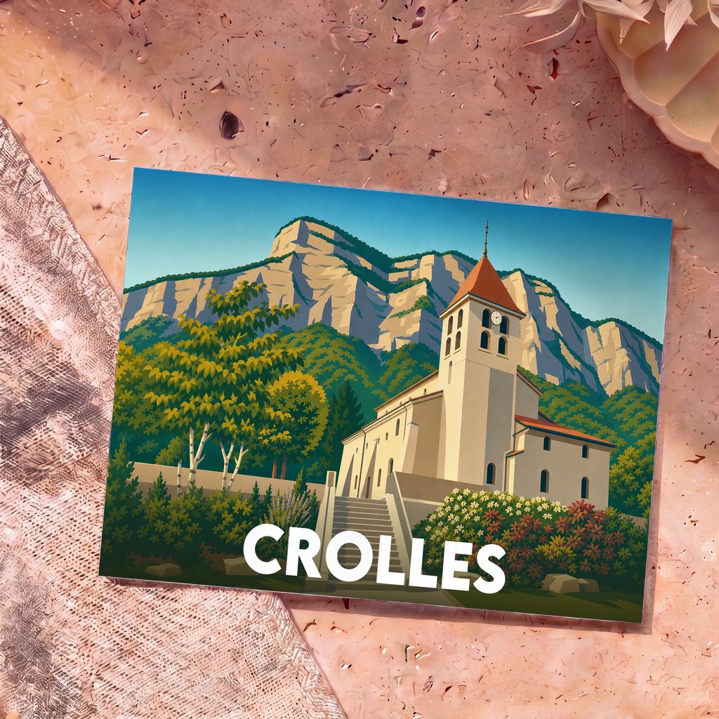 Carte postale souvenir de la ville de Crolles avec une illustration stylisée d'une église devant la Dent de Crolles.