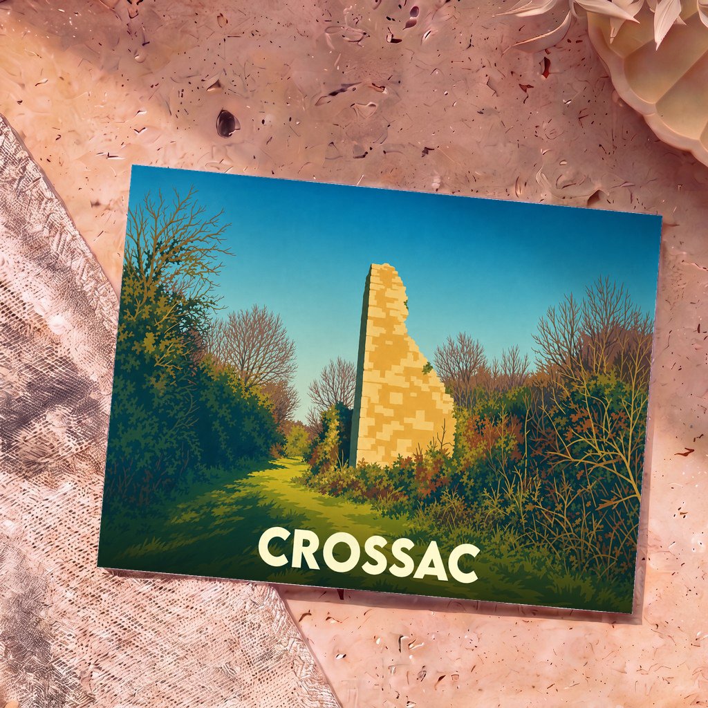 Carte postale souvenir de la ville de Crossac illustrant une ruine historique entourée de végétation dans un style graphique épuré.