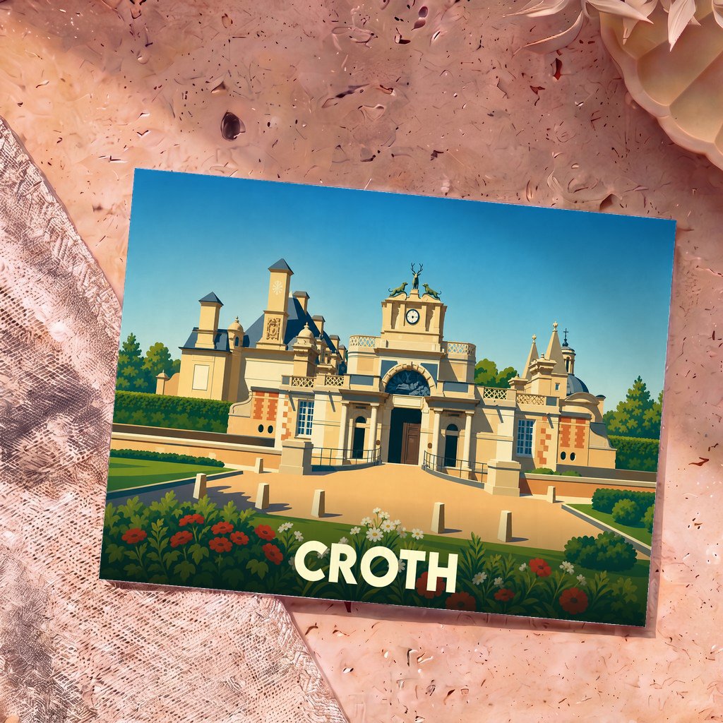 Carte postale souvenir de la ville de Croth avec une illustration stylisée de son patrimoine architectural.