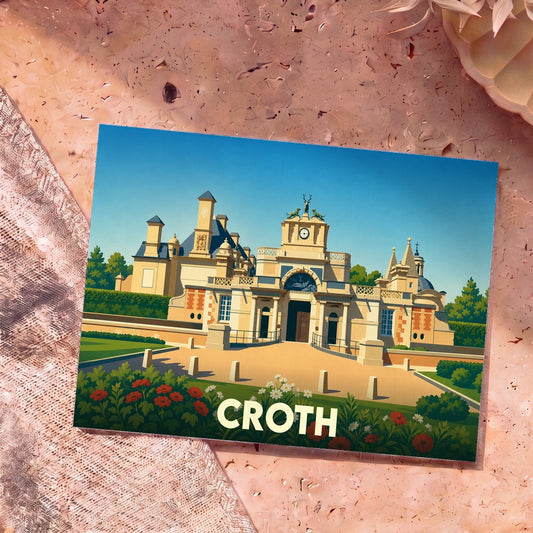 Carte postale souvenir de la ville de Croth avec une illustration stylisée de son patrimoine architectural.