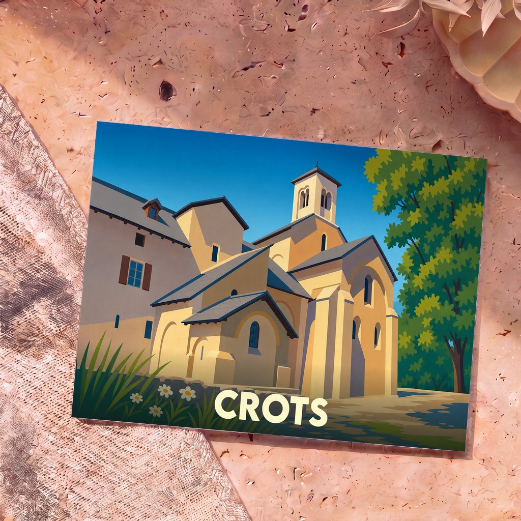 Carte postale souvenir de la ville de Crots avec une illustration stylisée de l'abbaye de Boscodon.