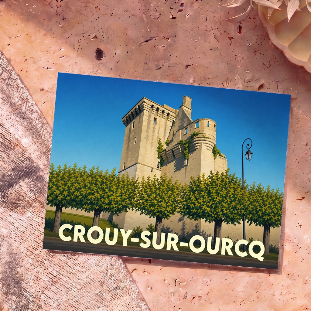 Carte postale souvenir de la ville de Crouy-sur-Ourcq illustrant son château avec un style graphique épuré.