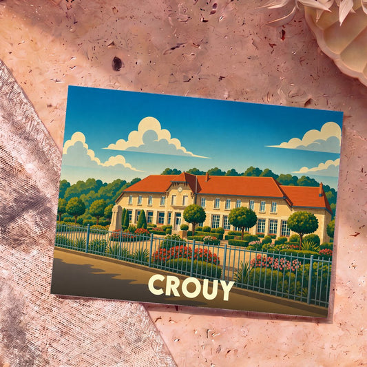 Carte postale souvenir de la ville de Crouy illustrant sa mairie dans un style graphique épuré.