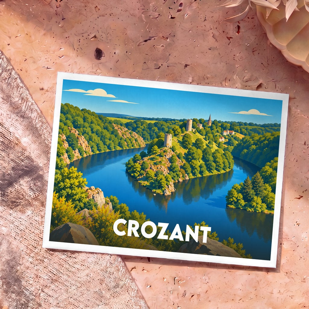 Carte postale souvenir de la ville de Crozant avec une illustration stylisée d'un château surplombant une rivière.