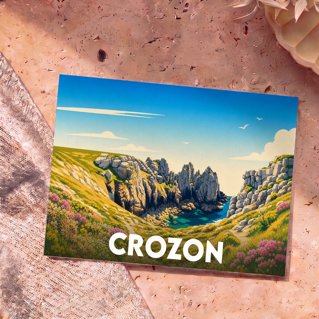 Carte postale souvenir de la ville de Crozon illustrant ses falaises côtières dans un style graphique épuré.