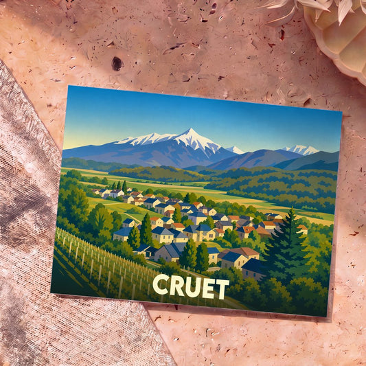 Carte postale souvenir de la ville de Cruet illustrant un paysage stylisé de village savoyard au pied de montagnes enneigées.