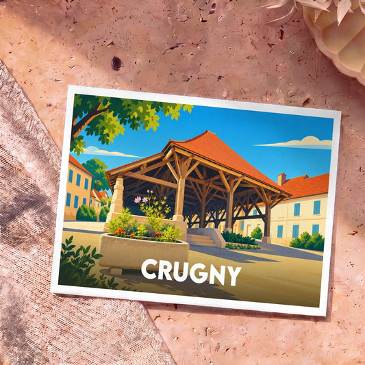Carte postale souvenir de la ville de Crugny avec une illustration stylisée de ses halles historiques.