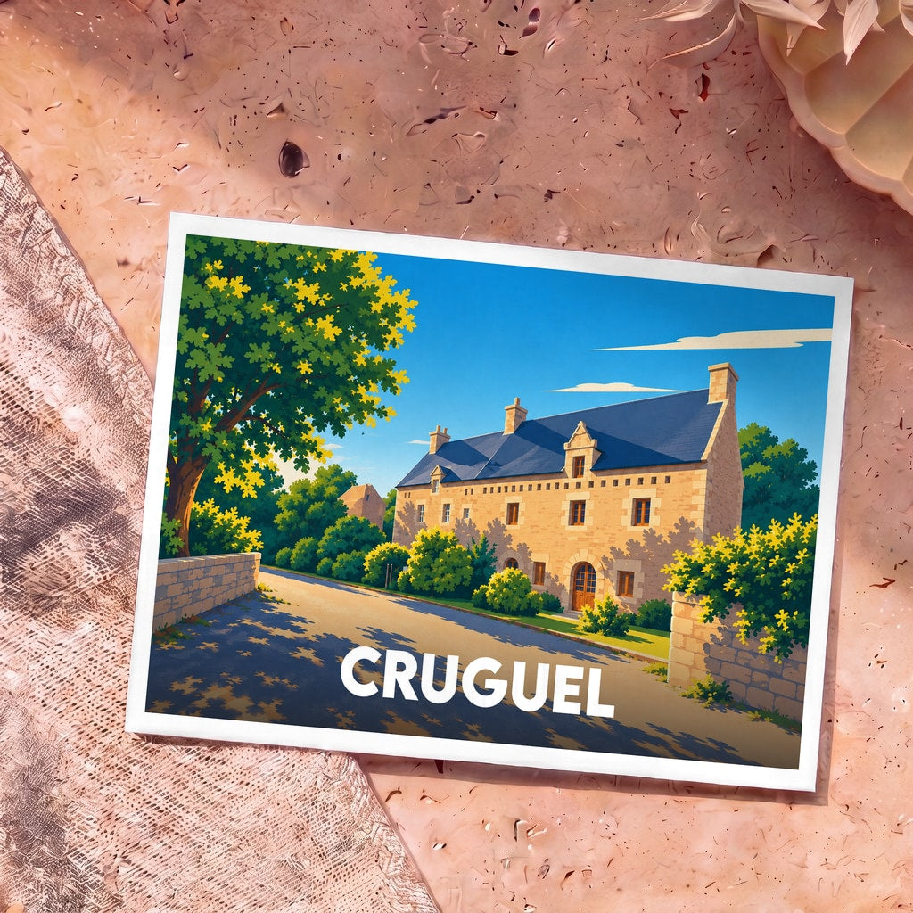 Carte postale souvenir de la ville de Cruguel avec une illustration stylisée d'un manoir breton.