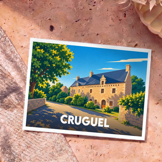 Carte postale souvenir de la ville de Cruguel avec une illustration stylisée d'un manoir breton.