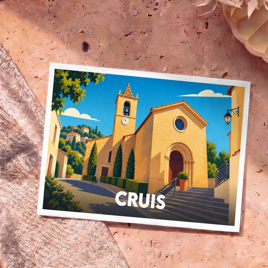 Carte postale souvenir de la ville de Cruis illustrant son église provençale sous un ciel bleu.