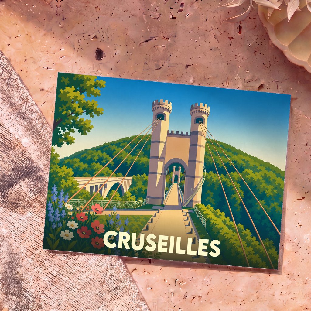 Carte postale souvenir de la ville de Cruseilles avec une illustration stylisée de ses ponts emblématiques.