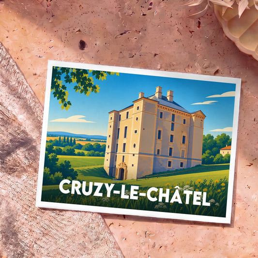 Carte postale souvenir de la ville de Cruzy-le-Châtel avec une illustration stylisée de son château.