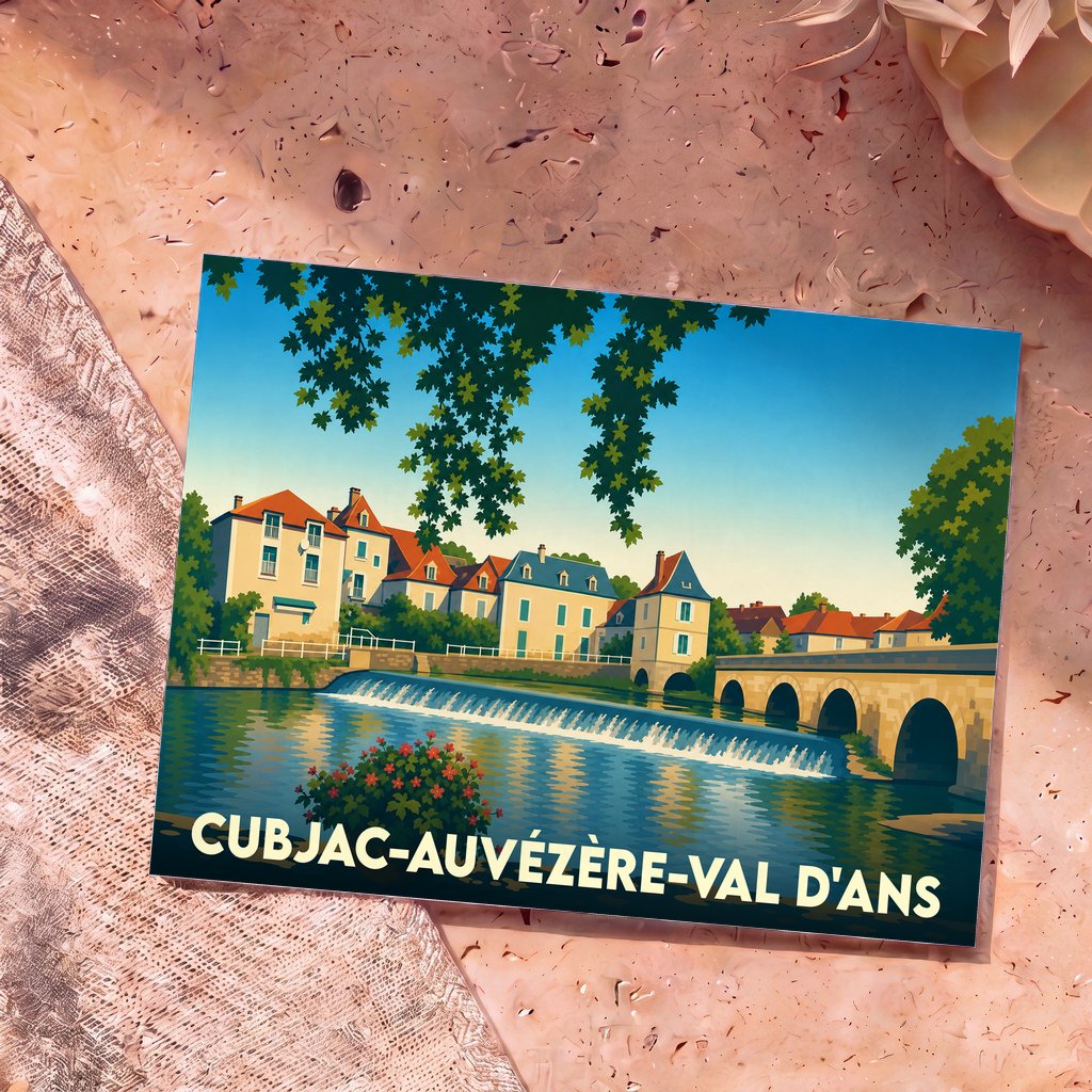 Carte postale souvenir de la commune de Cubjac-Auvézère-Val d'Ans avec une illustration stylisée d'un pont et de maisons au bord de l'eau.