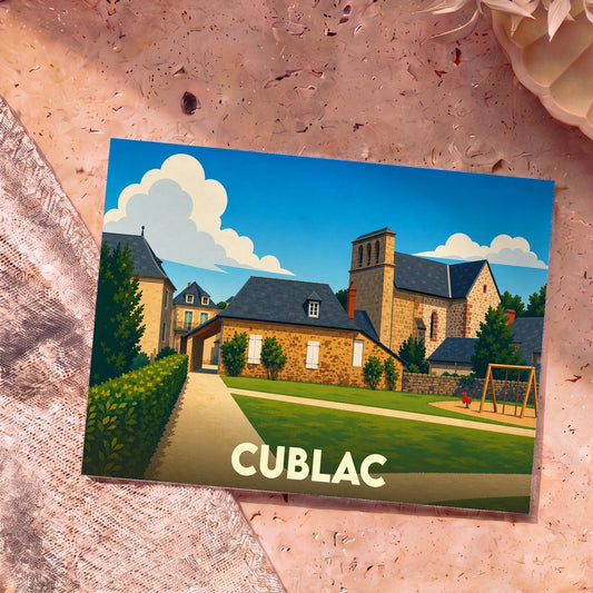 Carte postale souvenir de la ville de Cublac avec une illustration stylisée de son église et de ses maisons en pierre.
