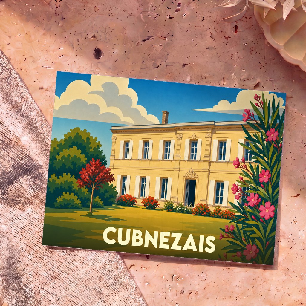 Carte postale souvenir de la ville de Cubnezais avec une illustration stylisée d'une demeure bourgeoise.
