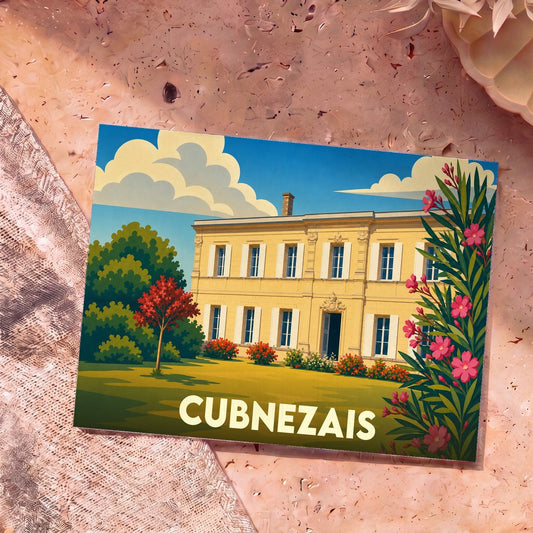 Carte postale souvenir de la ville de Cubnezais avec une illustration stylisée d'une demeure bourgeoise.