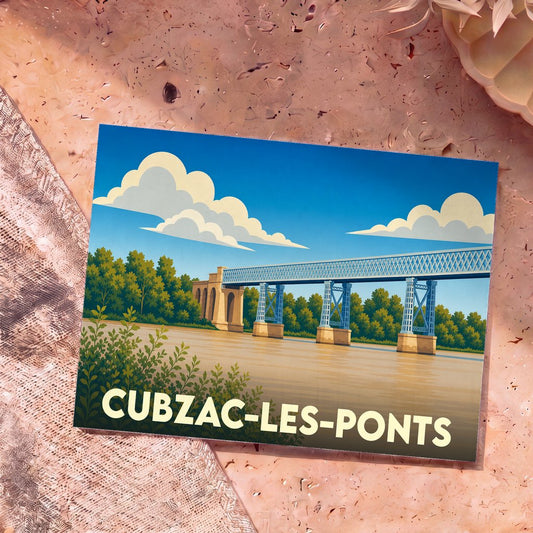 Carte postale souvenir de la ville de Cubzac-les-Ponts avec une illustration stylisée de son célèbre pont.