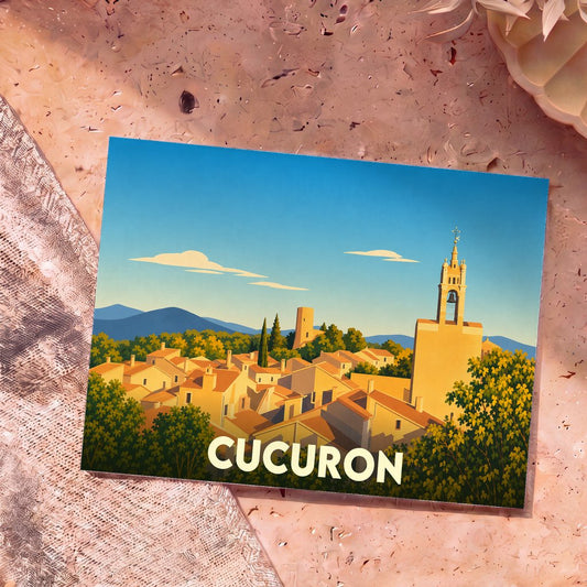 Carte postale souvenir de la ville de Cucuron arborant une illustration stylisée et colorée de ses toits et de son clocher.