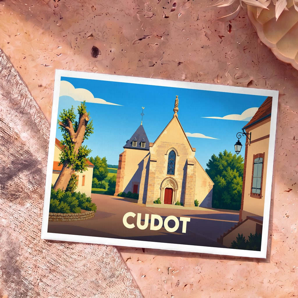 Carte postale souvenir de la ville de Cudot avec une illustration stylisée de son église.