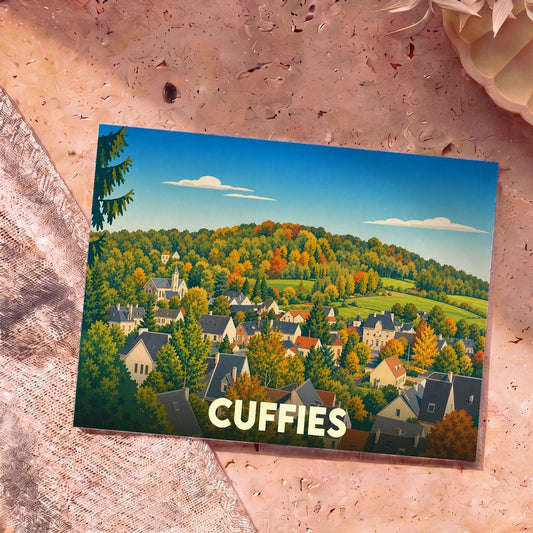 Carte postale souvenir de la ville de Cuffies avec une illustration stylisée de ses paysages verdoyants.