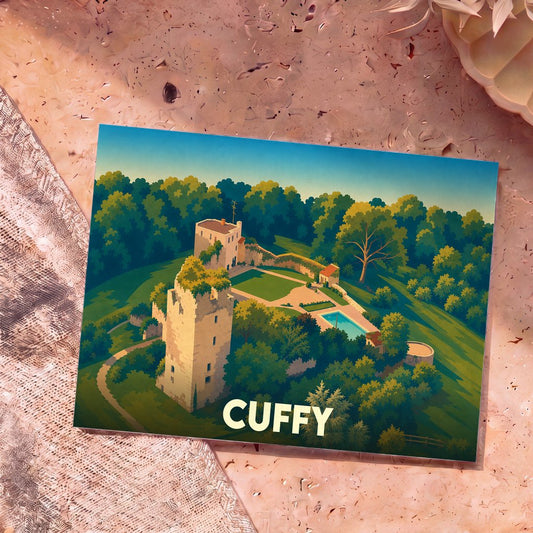 Carte postale souvenir de la ville de Cuffy avec une illustration stylisée de son château et de sa végétation.