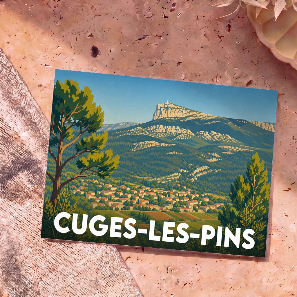 Carte postale souvenir de Cuges-les-Pins illustrant le village et ses collines environnantes dans un style rétro.