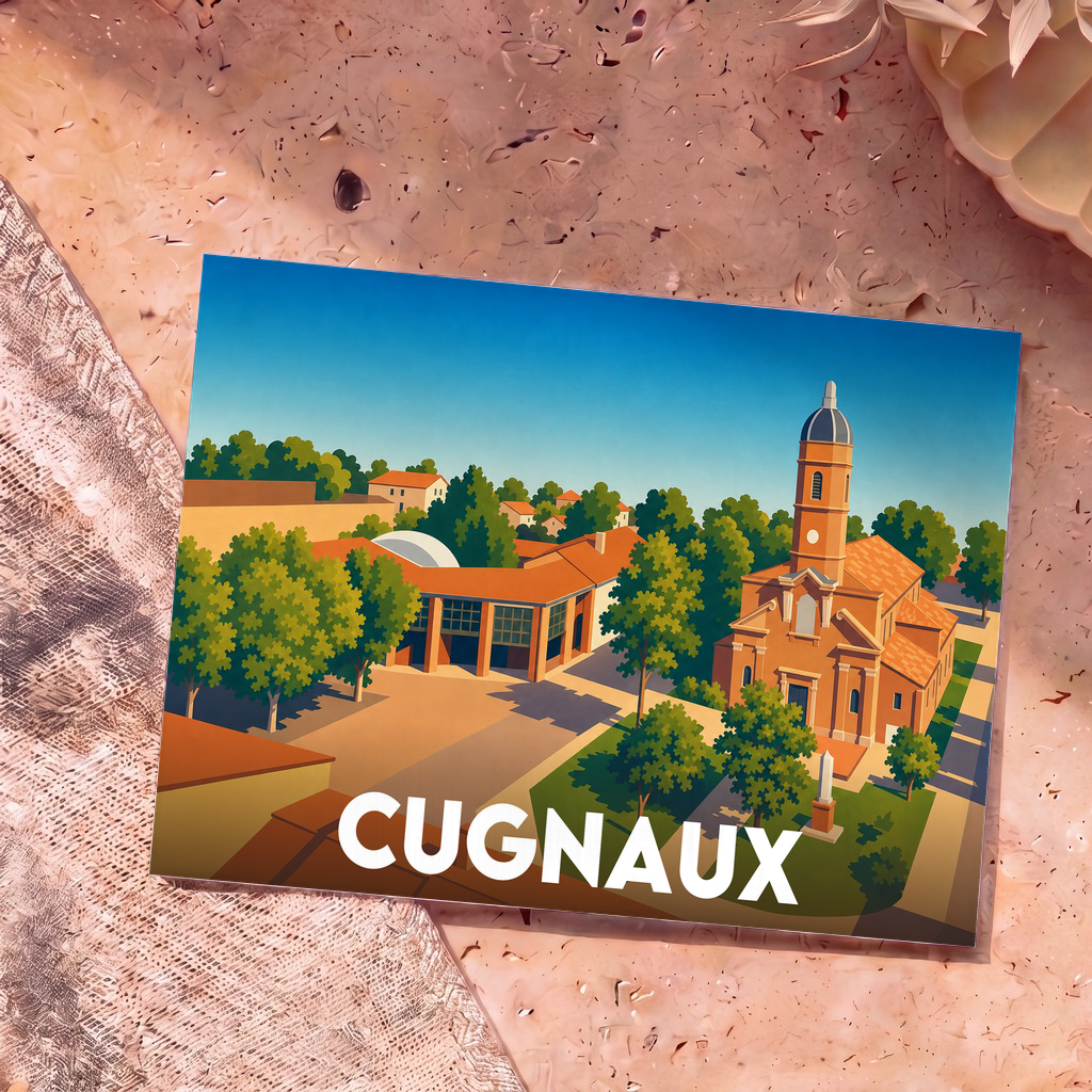 Carte postale souvenir de la ville de Cugnaux avec une illustration stylisée montrant l'église et la place du village.