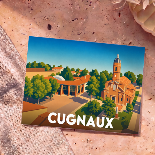 Carte postale souvenir de la ville de Cugnaux avec une illustration stylisée montrant l'église et la place du village.