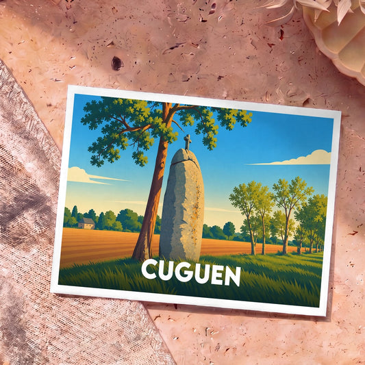 Carte postale souvenir de la ville de Cuguen illustrant un menhir surmonté d'une croix dans un paysage champêtre stylisé.