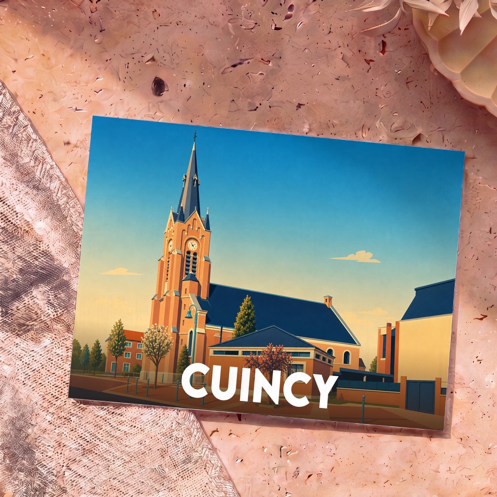 Carte postale souvenir de la ville de Cuincy avec une illustration stylisée de son église.