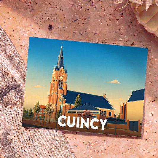 Carte postale souvenir de la ville de Cuincy avec une illustration stylisée de son église.