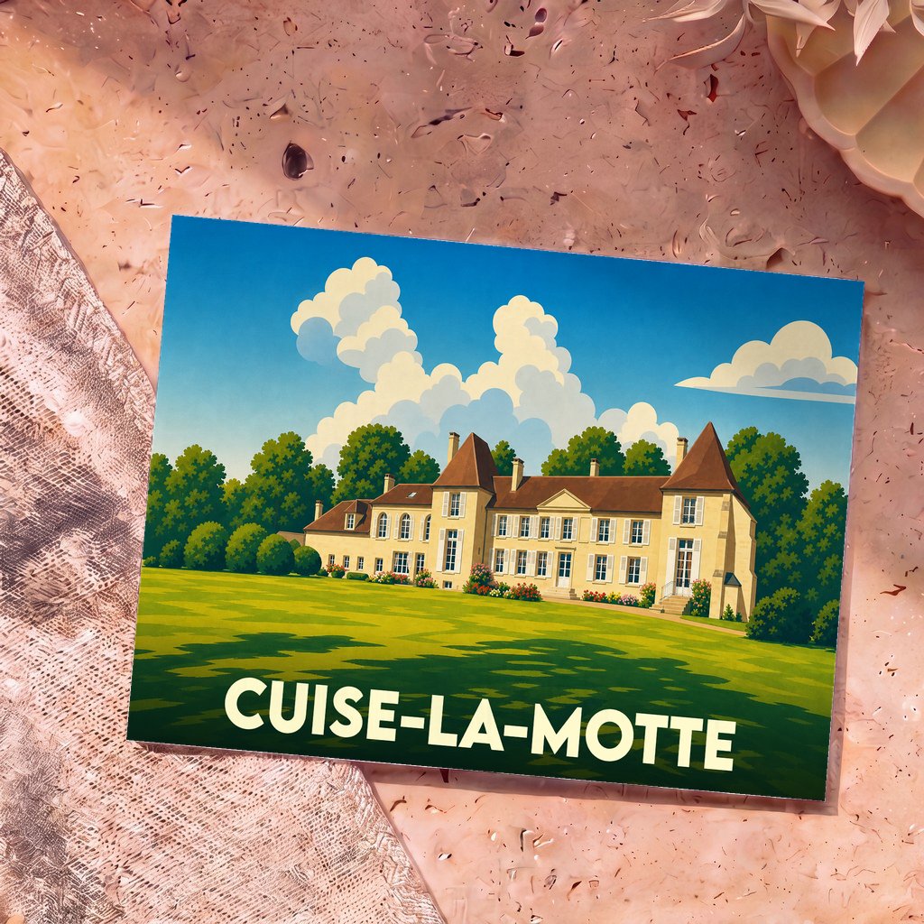 Carte postale souvenir de la ville de Cuise-la-Motte avec une illustration stylisée d'un château.