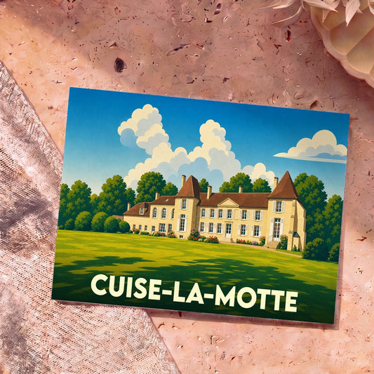 Carte postale souvenir de la ville de Cuise-la-Motte avec une illustration stylisée d'un château.