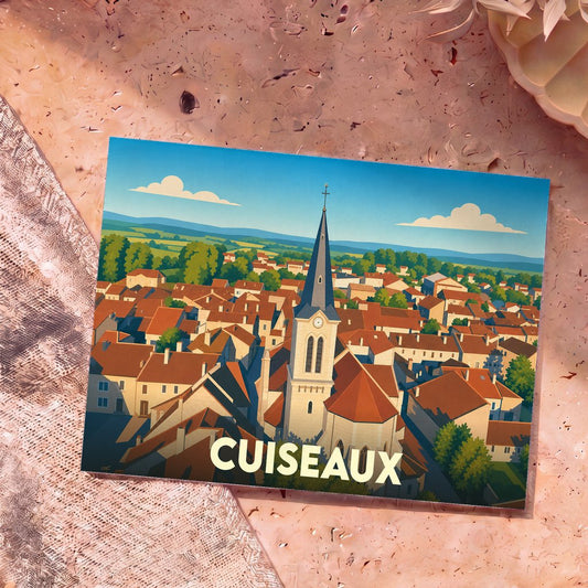 Carte postale souvenir de la ville de Cuiseaux illustrant une vue aérienne stylisée de son église et de ses toits.