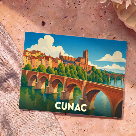 Carte postale souvenir de la ville de Cunac avec une illustration stylisée d'un pont en pierre et d'une cathédrale.