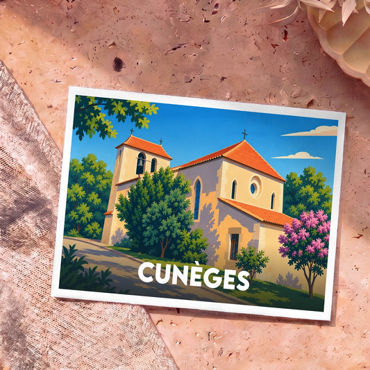 Carte postale souvenir de la ville de Cunèges avec une illustration stylisée de son église sous un ciel bleu.