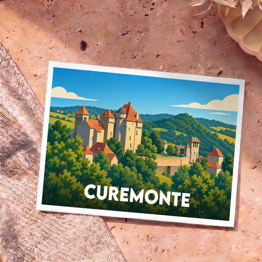 Carte postale souvenir de la ville de Curemonte avec une illustration stylisée de ses châteaux et collines.