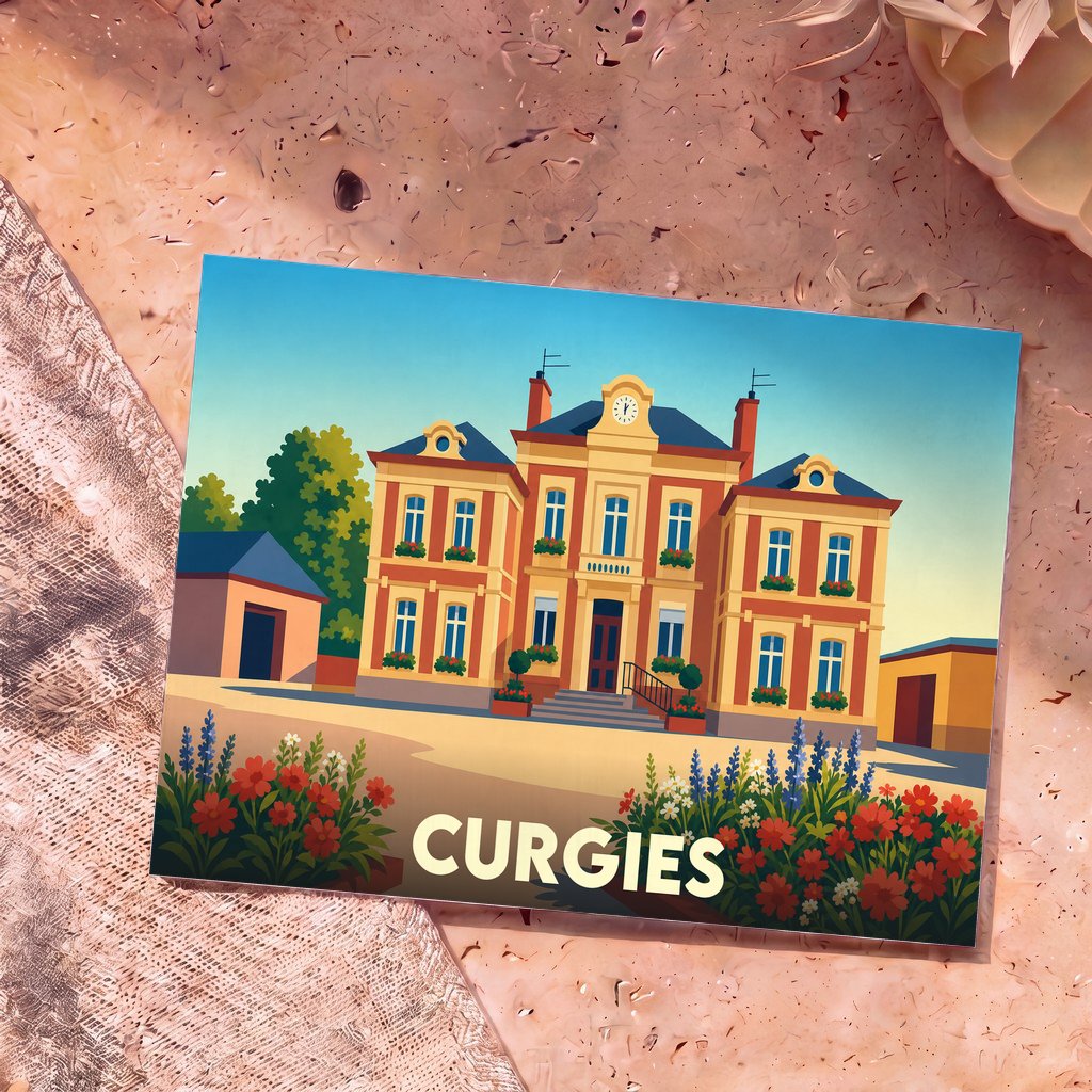 Carte postale souvenir de la ville de Curgies illustrant sa mairie dans un style graphique et coloré.