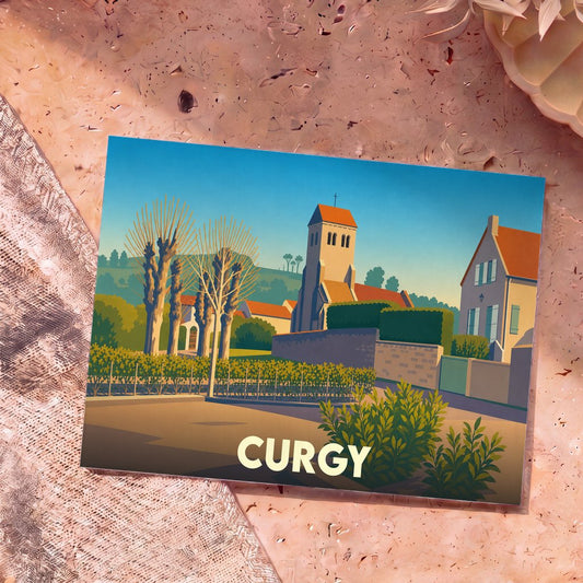 Carte postale souvenir de la ville de Curgy avec une illustration stylisée de son église et de ses paysages.