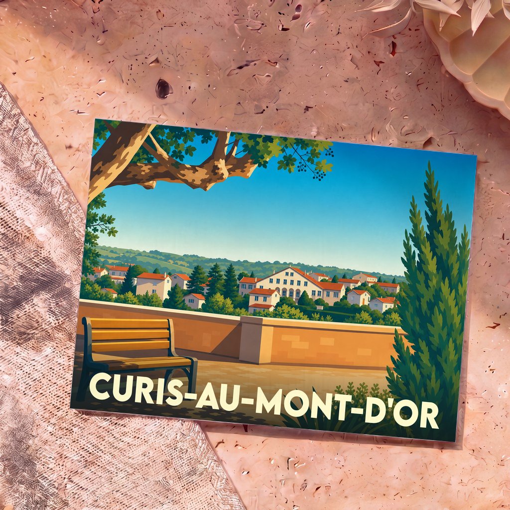 Carte postale souvenir de Curis-au-Mont-d'Or présentant une illustration stylisée d'un panorama de la ville.